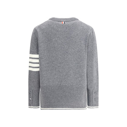 Back view of Thom Browne Gray Fleece Wool Sweatshirt with signature bands on sleeve and ribbed detailing.