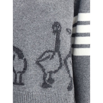 Thom Browne Gray Fleece Wool Sweatshirt featuring geese design, ribbed patterns, and iconic striped arm bands.