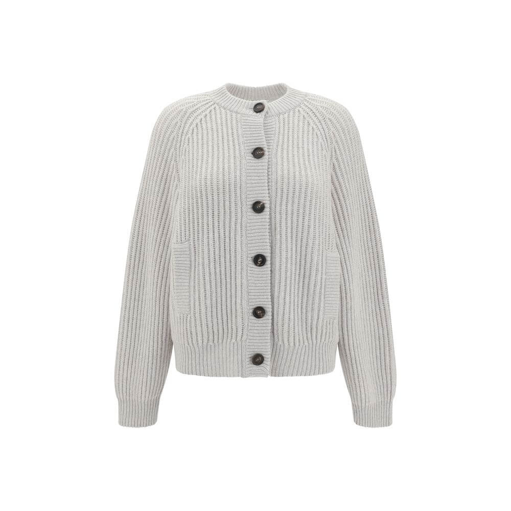 Brunello Cucinelli White Cashmere Cardigan with raglan sleeves and contrasting buttons, featuring ribbed cuffs and hem for structured elegance.