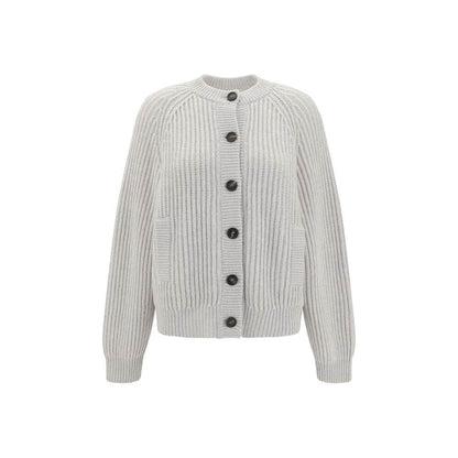 Brunello Cucinelli White Cashmere Cardigan with raglan sleeves and contrasting buttons, featuring ribbed cuffs and hem for structured elegance.