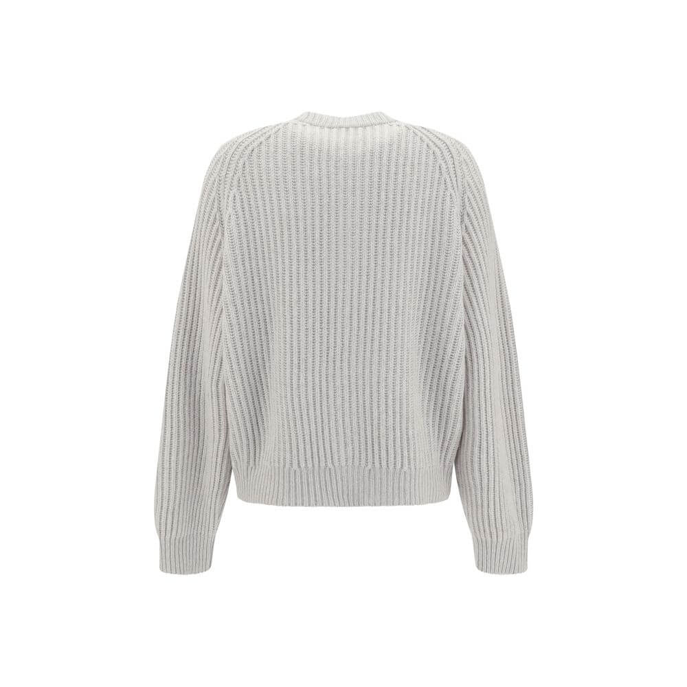 Brunello Cucinelli White Cashmere Cardigan with raglan sleeves and ribbed cuffs, back view showcasing elegant design and structure.