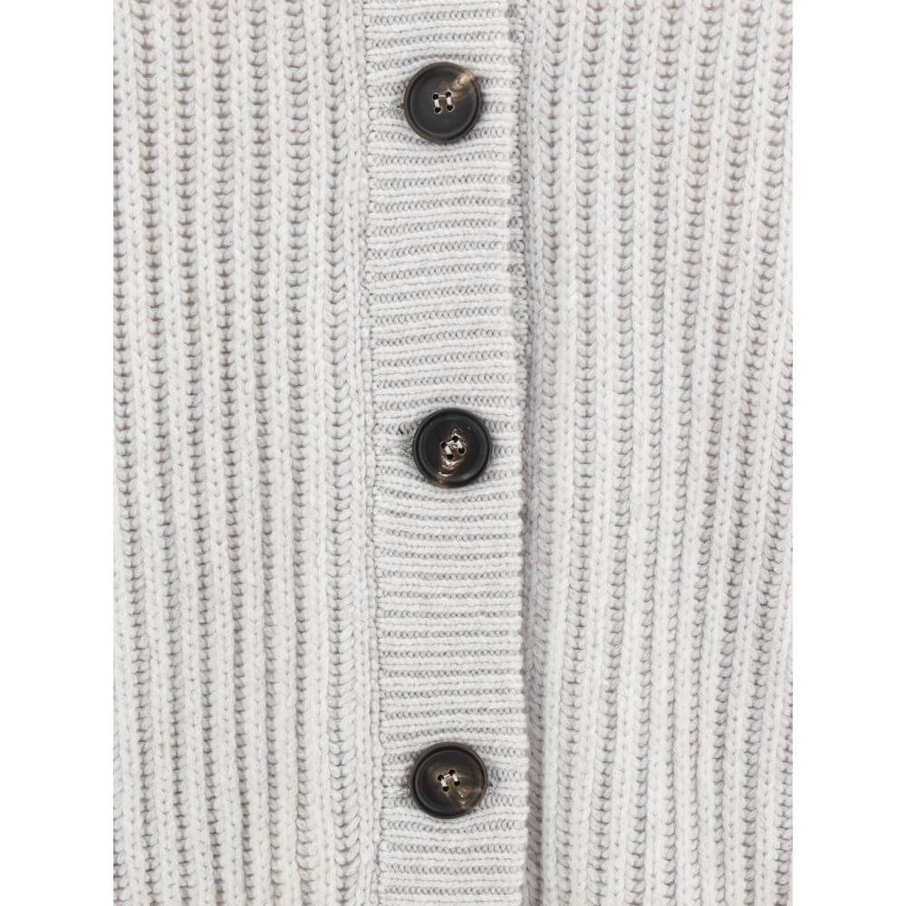 Brunello Cucinelli White Cashmere Cardigan with ribbed detail and contrasting buttons for a stylish finish.