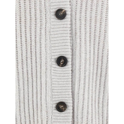 Brunello Cucinelli White Cashmere Cardigan with ribbed detail and contrasting buttons for a stylish finish.
