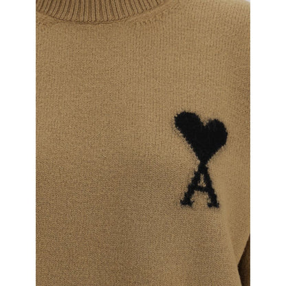 Ami Paris Brown Fleece Wool Turtleneck with jacquard logo detail.