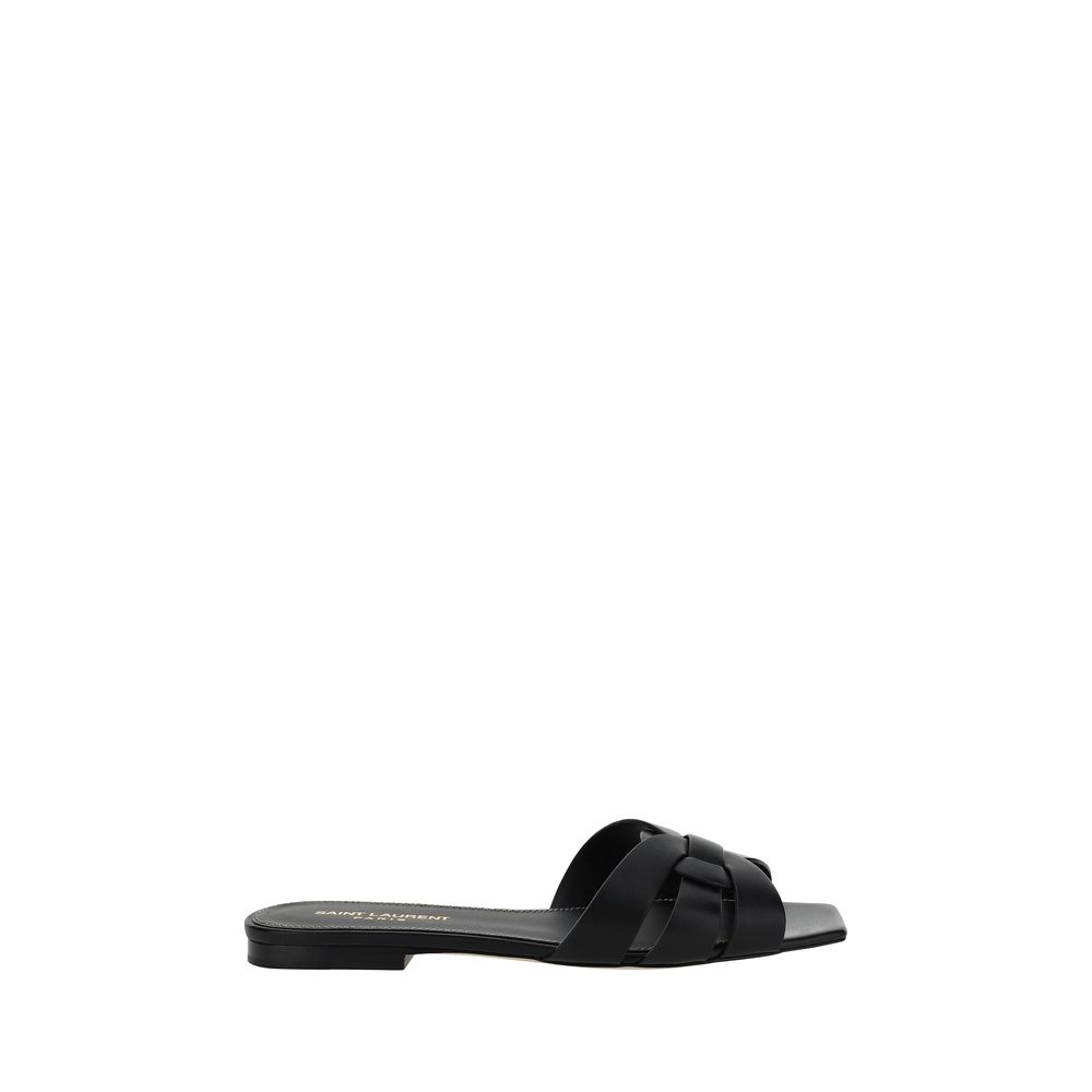 Saint Laurent Black Calf Leather Bos Taurus Flat Sandals with braided front and open square toe, AW25.