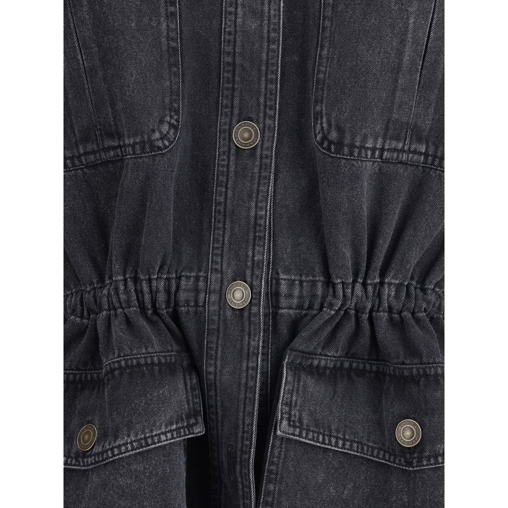 Close-up view of Marant Etoile Gray Cotton Denim Jacket button closure and pocket details, featuring a stylish and practical design.