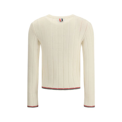 Back view of Thom Browne Cream Fleece Wool Sweatshirt with ribbed texture and tricolor detailing, perfect for contemporary style.