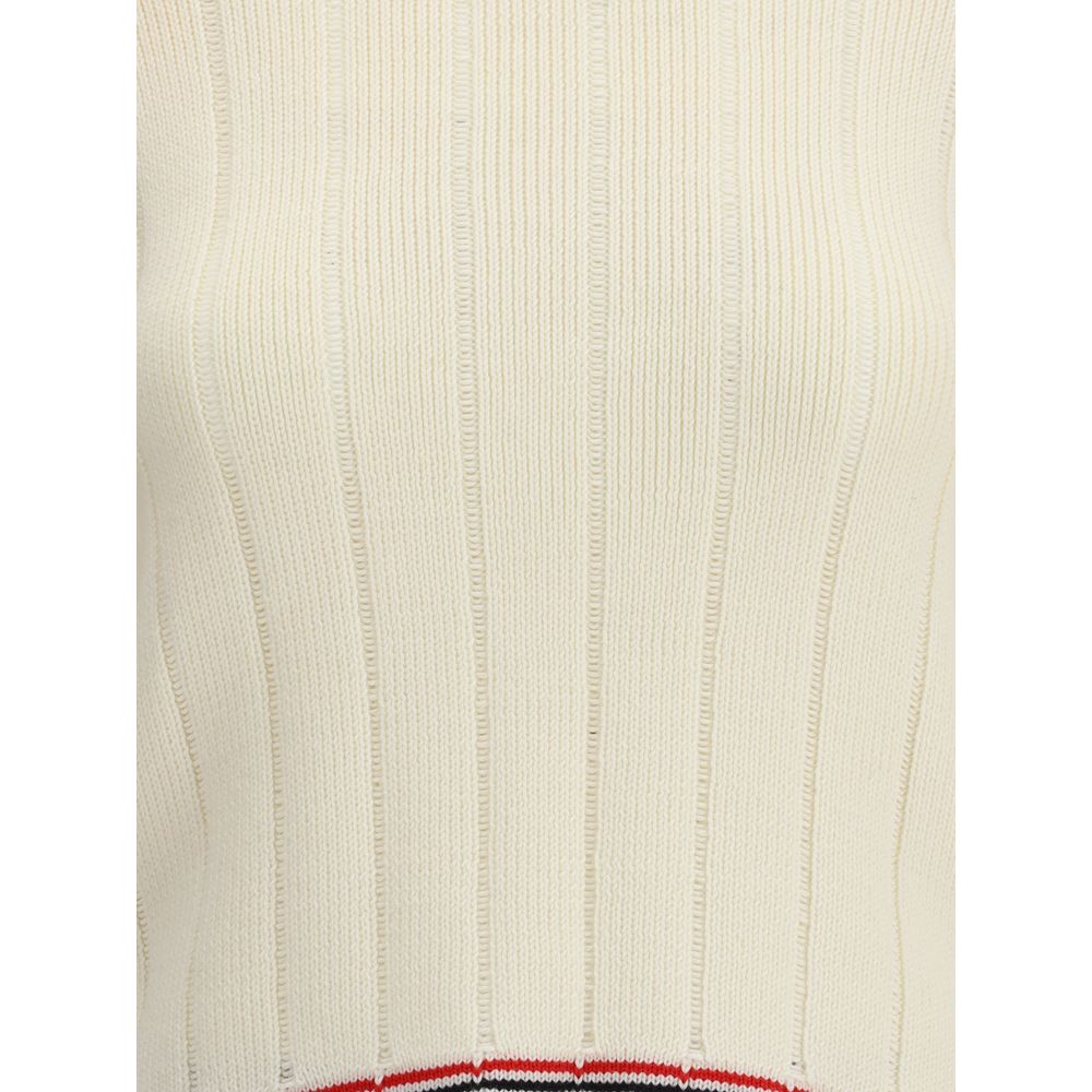 Thom Browne Cream Fleece Wool Sweatshirt featuring ribbed texture and tricolor accents, perfect for contemporary style.