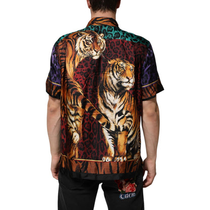 Dolce & Gabbana Multicolor Silk Tiger Print Hawaiian T-shirt