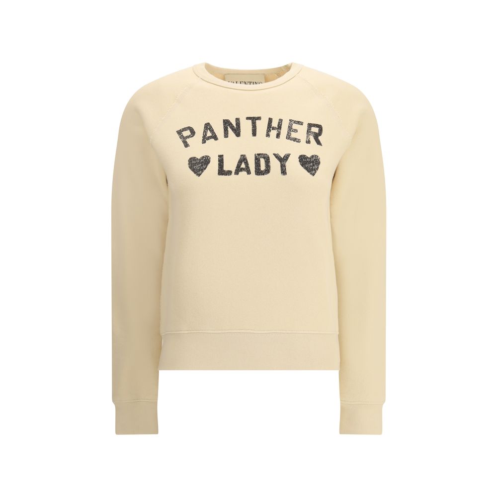 Valentino Beige Cotton Sweatshirt with Panther Lady graphic, ribbed crew neck, cuffs, and hem for casual style AW25 collection