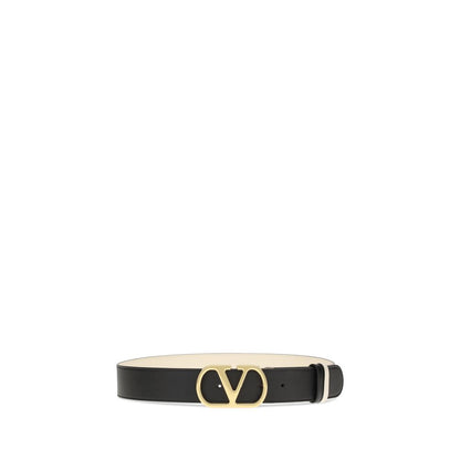 Valentino Garavani Black Calf Leather Bos Taurus Regular Belt with reversible design and VLogo buckle.
