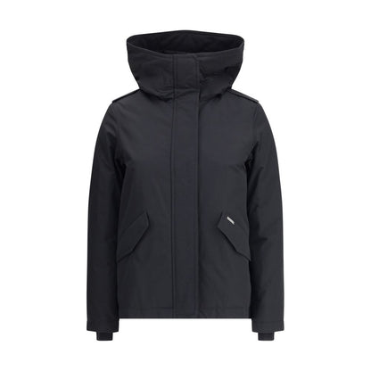 Woolrich Black Cotton Shell Jacket with hood, padded design, front zipper and snap closure, and front welt pockets. Ideal for colder days.