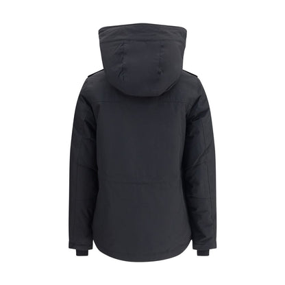 Back view of Woolrich Black Cotton Shell Jacket with hood, showcasing padded design perfect for cold weather and practical front closure features.