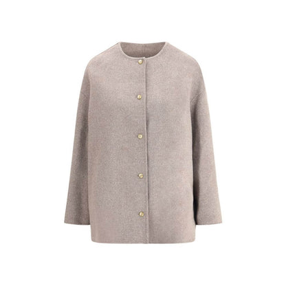 Loulou De Saison Gray Wool Coat with minimalist design, crew neck, button closure, and side welt pockets. AW25, 90% Wool & 10% Kashmir.