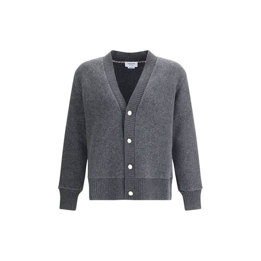 Thom Browne Gray Wool Cardigan with v-neck and button closure, ribbed cuffs and hem, made in Italy from 100% wool, ideal for elegant outfits.