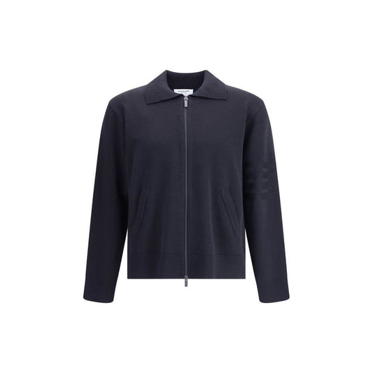 Thom Browne Blue Fleece Wool Cardigan with classic collar, front zipper, and iconic sleeve band for modern elegance.