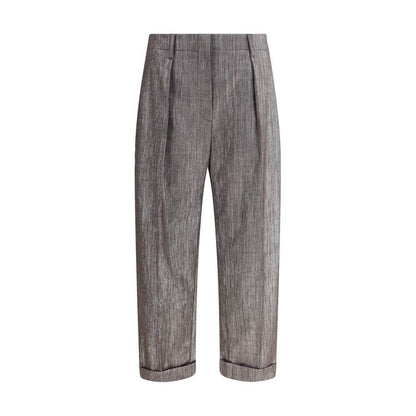 Brunello Cucinelli Brown Polyester Casual Pants with lurex effect, featuring pleats and classic pockets, AW25 collection for a sophisticated look.
