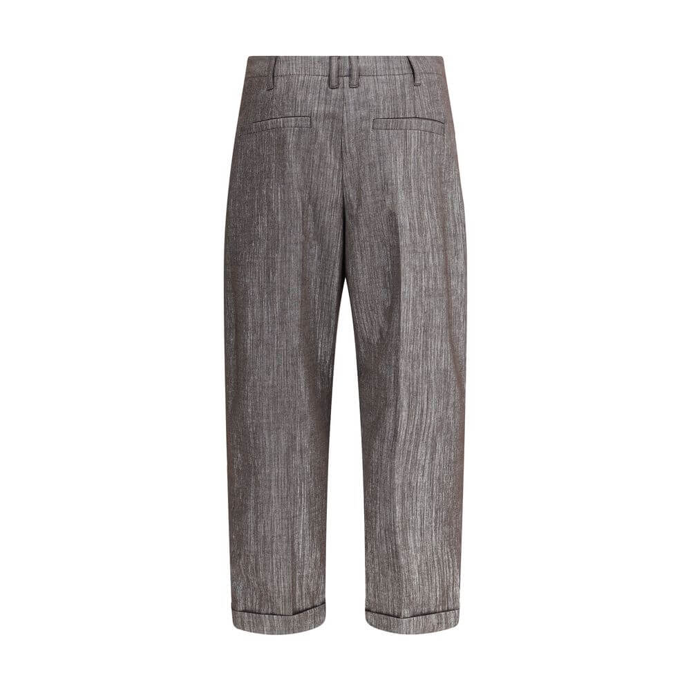 Brunello Cucinelli Brown Polyester Casual Pants, featuring elegant design with zipper closure, pleats, and pocket details for AW25 season.