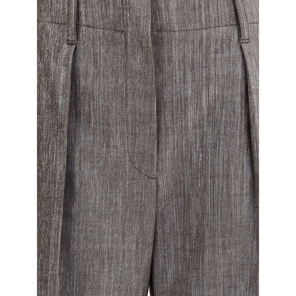 Brunello Cucinelli Brown Polyester Casual Pants with zipper, hook-and-eye closure, and pleat detail for elegant style.