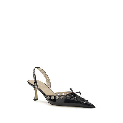 MACH & MACH Black Calf Leather Bos Taurus Lace-Up slingback pumps with studs, almond toe, and kitten heel, AW25 collection.