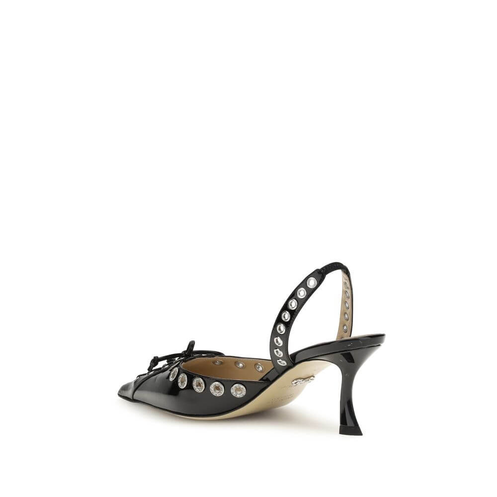 MACH & MACH Black Calf Leather Bos Taurus Lace-Up slingback pumps with studs, featuring almond toe and kitten heel, rear view.