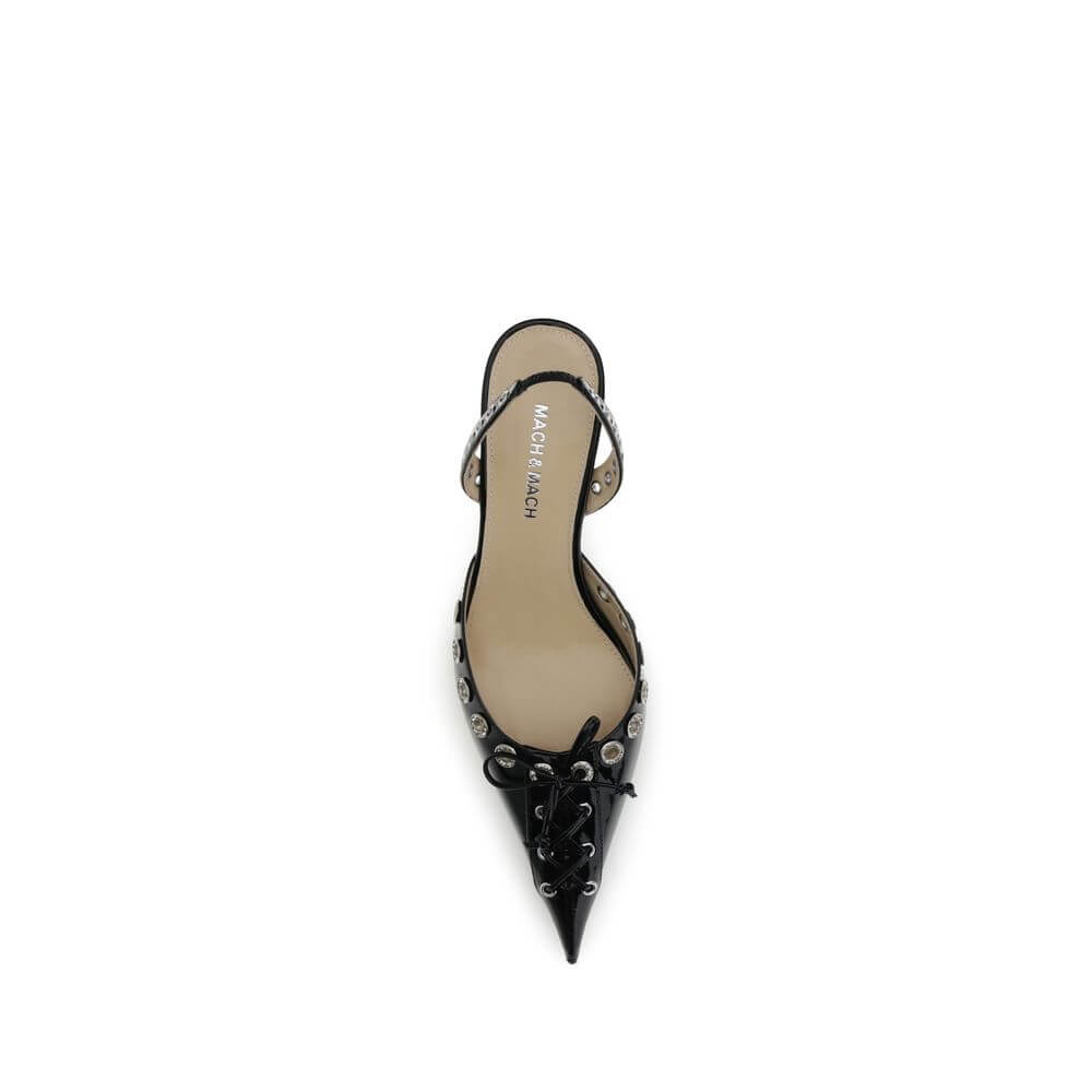 MACH & MACH Black Calf Leather Bos Taurus Lace-Up slingback pump with almond toe and studs, made in Italy.