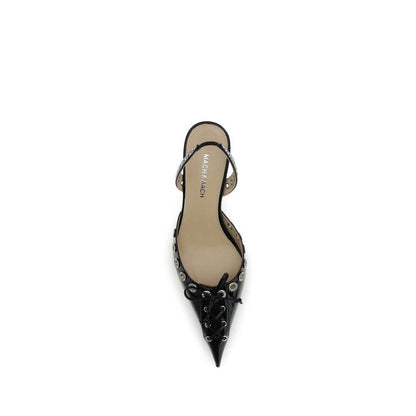 MACH & MACH Black Calf Leather Bos Taurus Lace-Up slingback pump with almond toe and studs, made in Italy.