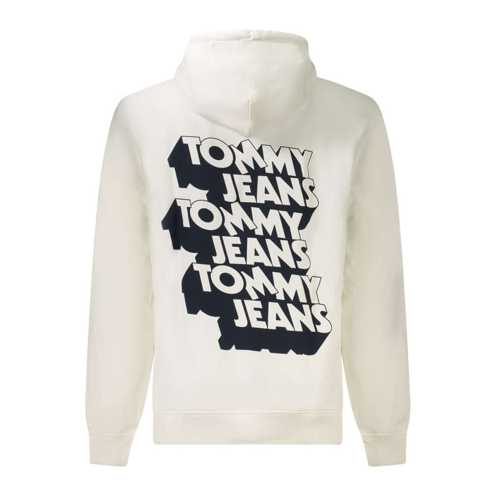 Back view of Tommy Hilfiger White Cotton Men Sweater showcasing bold Tommy Jeans text print design.