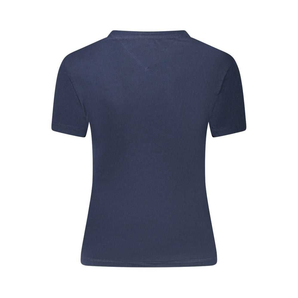 Back view of Tommy Hilfiger Blue Cotton Women T-Shirt showcasing sustainable short sleeves and iconic logo design.