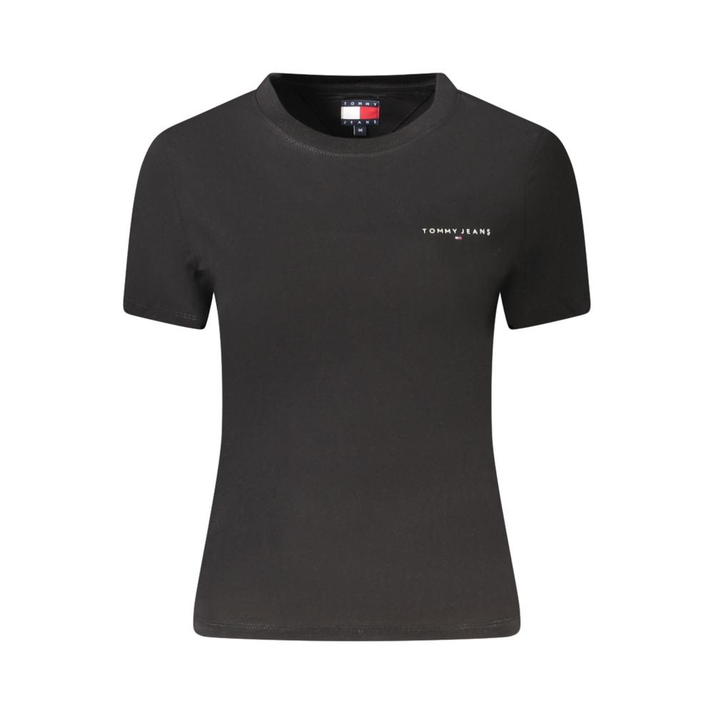 Tommy Hilfiger Black Cotton Women T-Shirt with logo on front, eco-friendly short-sleeve crew neck, perfect for casual chic style.