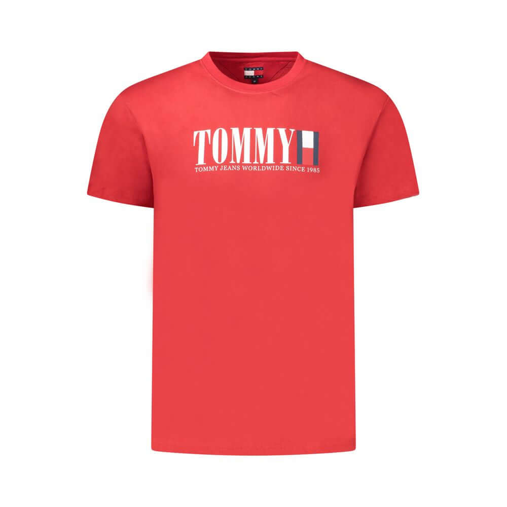 Tommy Hilfiger Red Cotton Men T-Shirt with logo, sustainable fashion, eco-friendly material, classic crew-neck design for trendsetters.