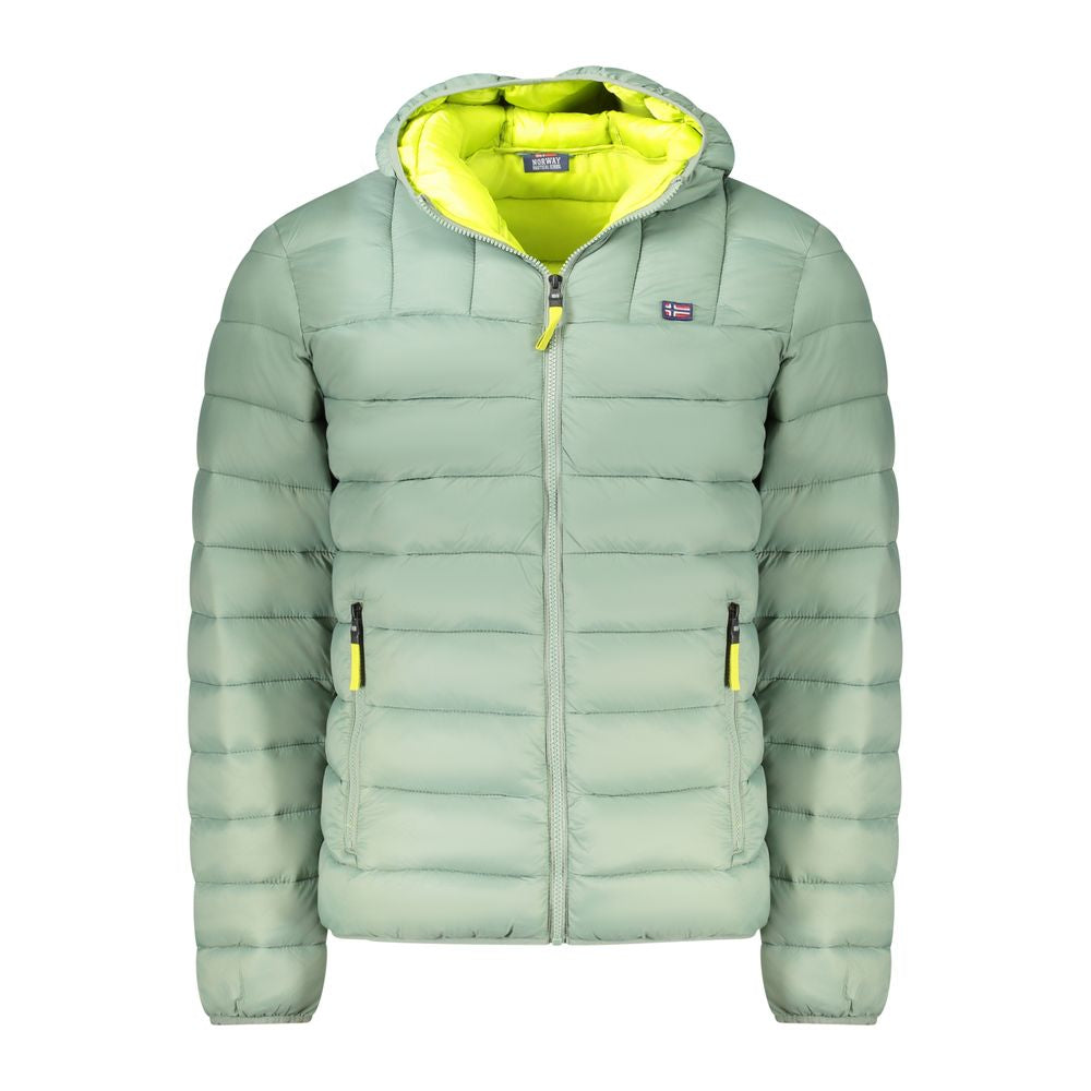 Norway 1963 Green Polyamide Men Jacket with yellow accents, hood, and zip closure. Durable and stylish outerwear for modern men.