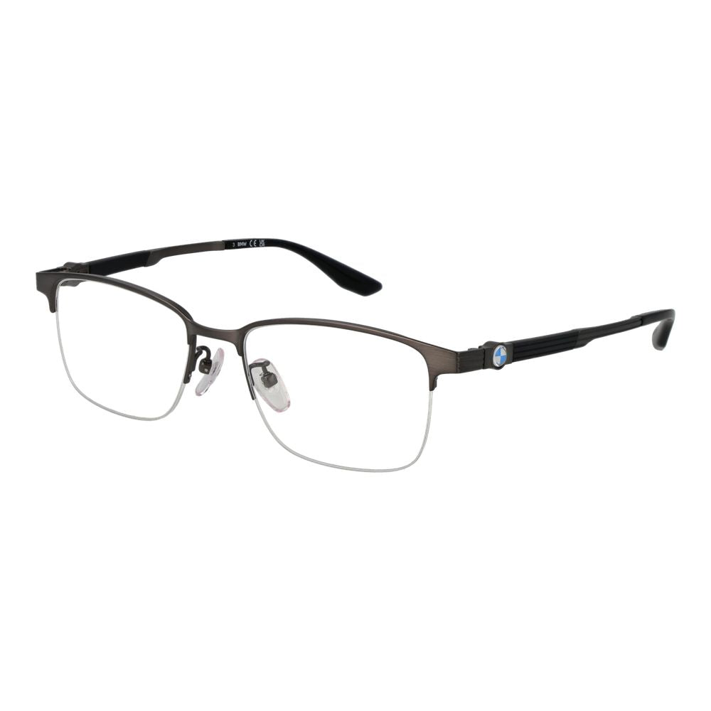 BMW Gray Men Glasses Frame in gunmetal titanium half-rim style with plastic demo lenses, size 54-18-145, includes branded case.
