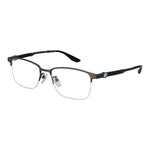 BMW Gray Men Glasses Frame in gunmetal titanium half-rim style with plastic demo lenses, size 54-18-145, includes branded case.