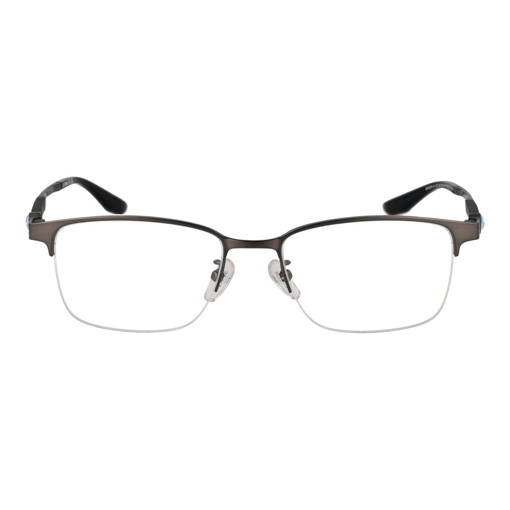 BMW Gray Men Glasses Frame in gunmetal, half-rim titanium, rectangle style for men, showing demo lenses with frame width 145mm and length 145mm.