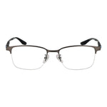 BMW Gray Men Glasses Frame in gunmetal, half-rim titanium, rectangle style for men, showing demo lenses with frame width 145mm and length 145mm.