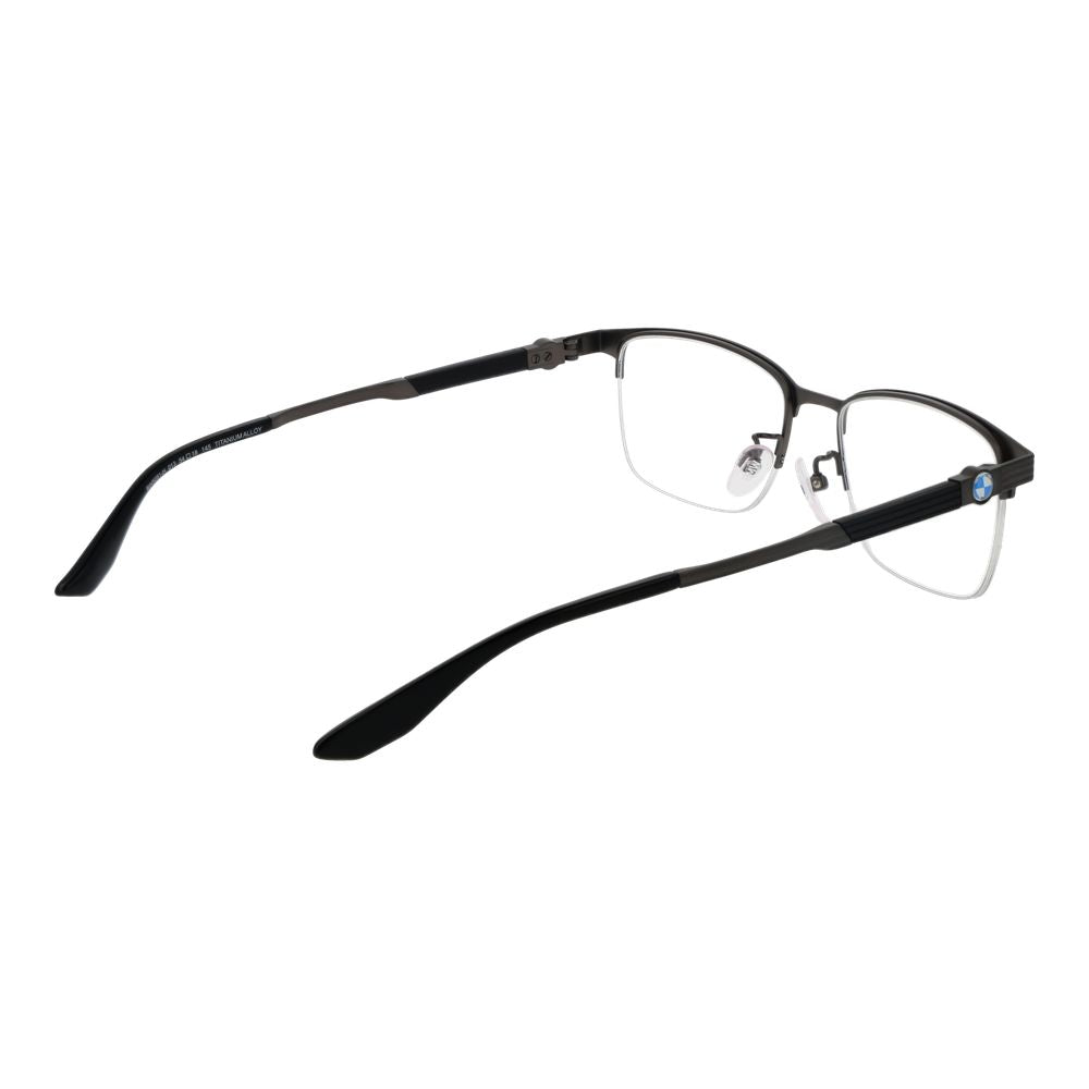 BMW Gray Men Glasses Frame in gunmetal titanium, half-rim style, plastic demo lenses, size 54-18-145 with branded case included.