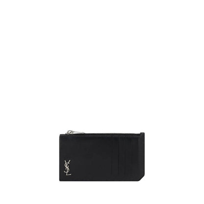 Saint Laurent Black Calf Leather Bos Taurus Wallet with YSL logo, card slot, and zipper closure, Autumn Winter 2025.
