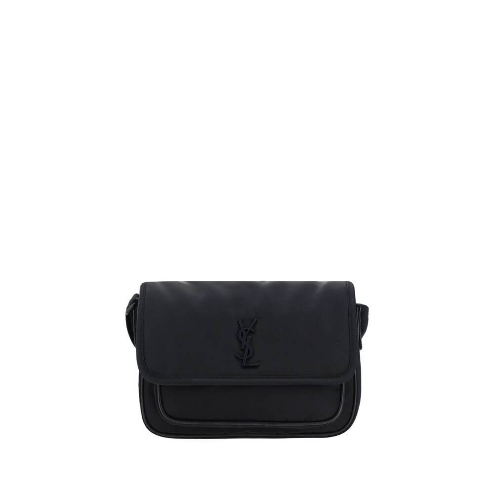 Saint Laurent Black Polyamide Shoulder Bag with YSL logo, adjustable strap, and magnetic flap closure, made in Italy, AW25 season.
