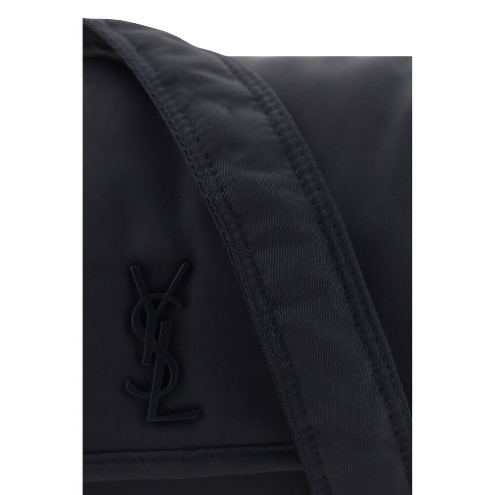 Saint Laurent Black Polyamide Shoulder Bag with YSL logo, adjustable strap, and magnetic flap closure. Elegant and stylish design.