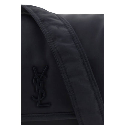 Saint Laurent Black Polyamide Shoulder Bag with YSL logo, adjustable strap, and magnetic flap closure. Elegant and stylish design.