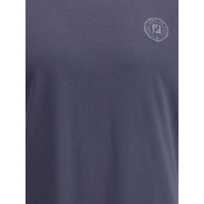Fendi Blue Cotton T-Shirt with ribbed crew neck and logo print, 100% cotton, regular fit, made in Italy, AW25 season.