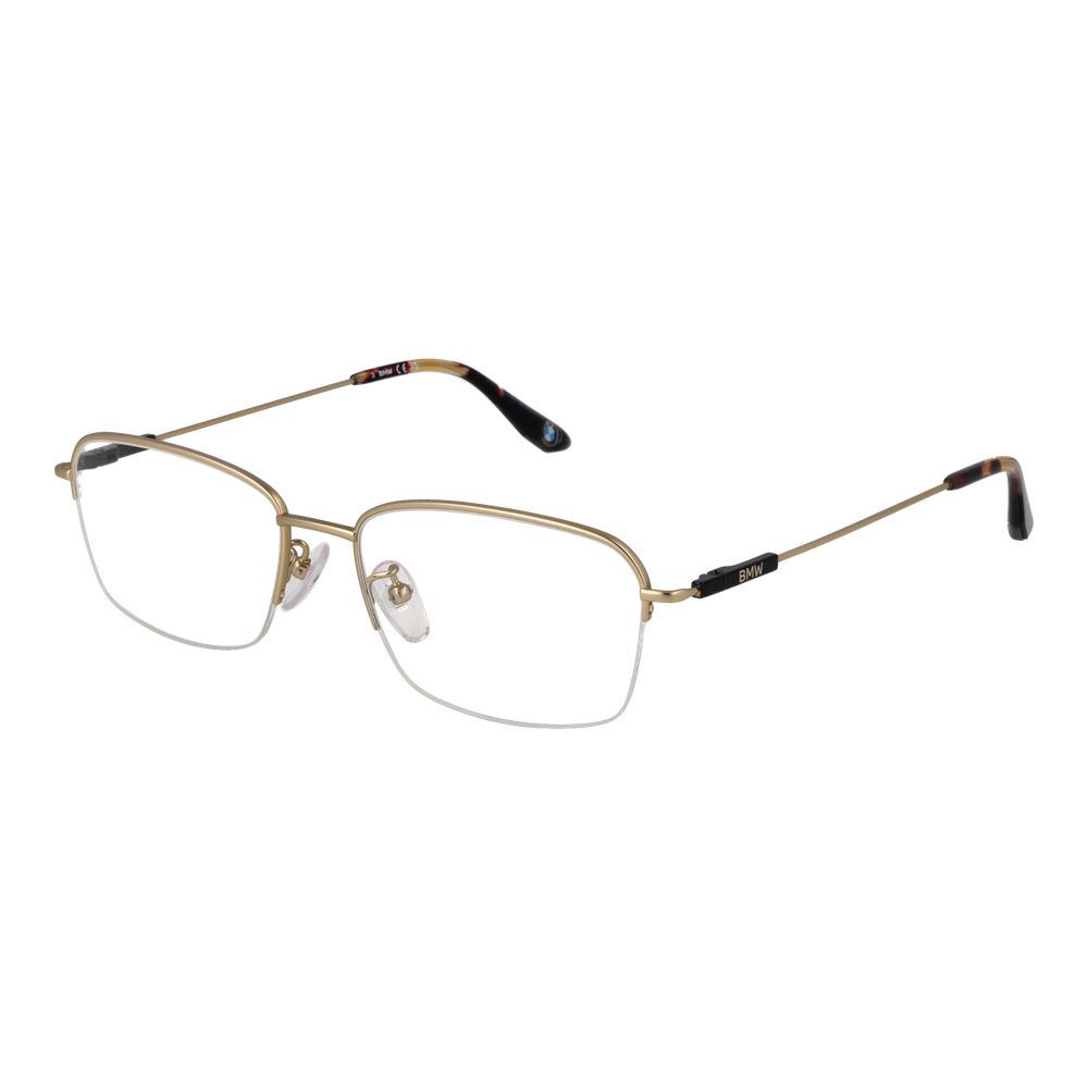 BMW Gold Men Glasses Frame, titanium half-rim rectangle style with demo lenses, 56-18-145 size with branded case.