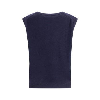 Extreme Cashmere Blue Cashmere Sleeveles Sweater with ribbed neckline and hem, back view of The Lord Vest, AW25 collection.
