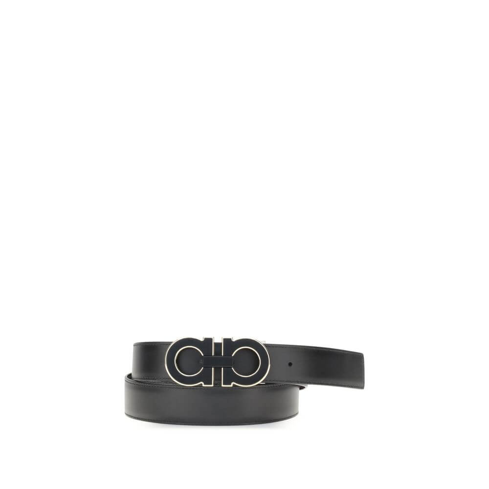 Ferragamo Black Calf Leather Bos Taurus Regular Belt with Gancini buckle, reversible design, AW25 season accessory.