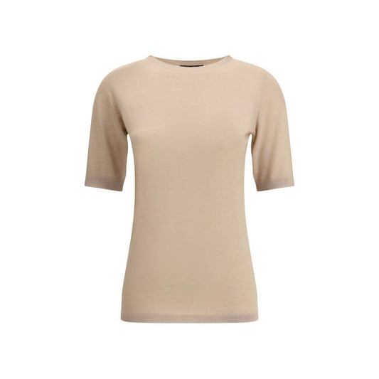 Fabiana Filippi Beige Cashmere T-Shirt, luxurious crew neck sweater made from soft cashmere and silk blend for AW25 season.