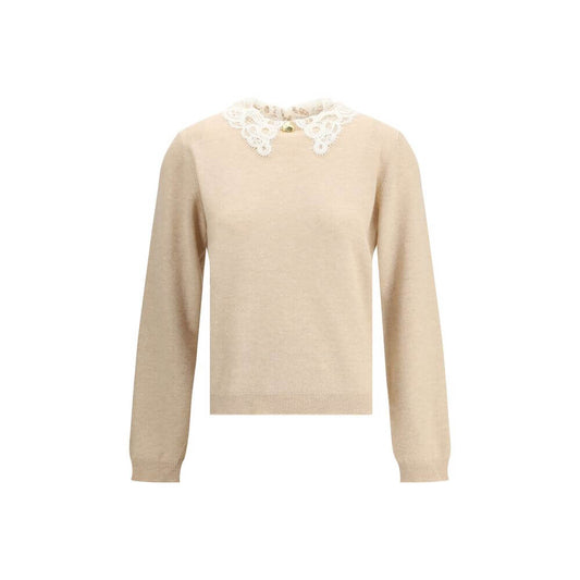 Fabiana Filippi Beige Fleece Wool Sweatshirt with lace collar and gold buttons, featuring ribbed hem and cuffs for elegance and sophistication.
