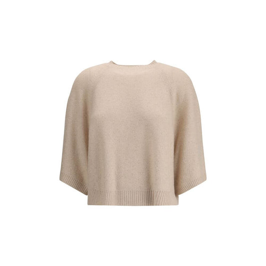 Fabiana Filippi Beige Fleece Wool Sweatshirt with sequins, ribbed crew neck, and wide 3/4 sleeves for a modern look.