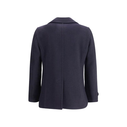 Back view of Tagliatore Blue Wool Coat showing double-breasted design, wide lapel, and back slit for elegance and functionality. AW25.