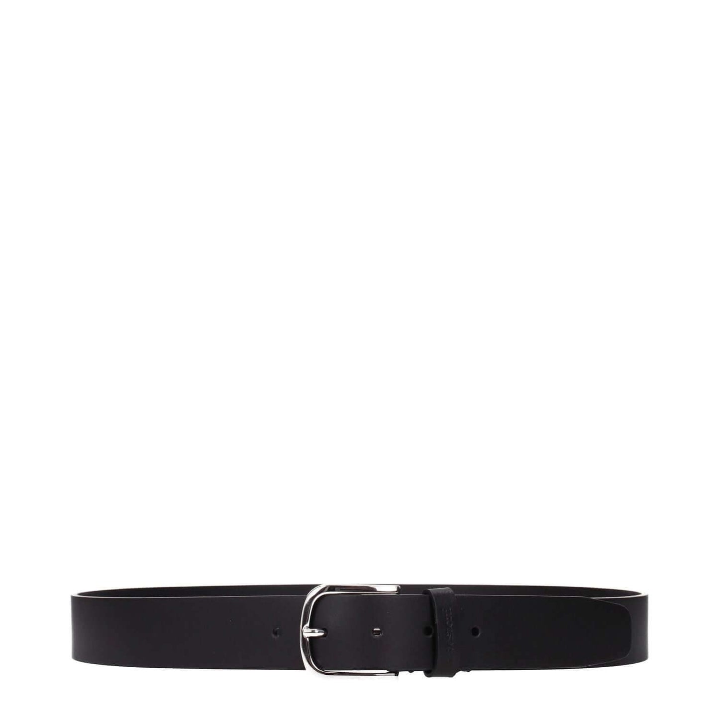 Testoni Black Leather Regular Belt with buckle closure and silver details, casual style with front logo, 3.5 cm height.
